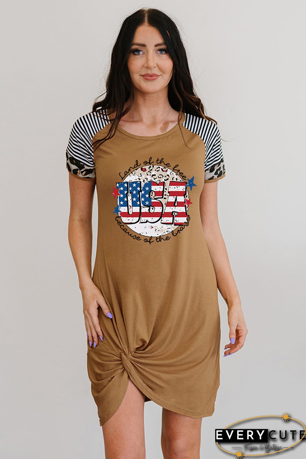 Brown USA Flag Day Leopard Striped Sleeve Dress