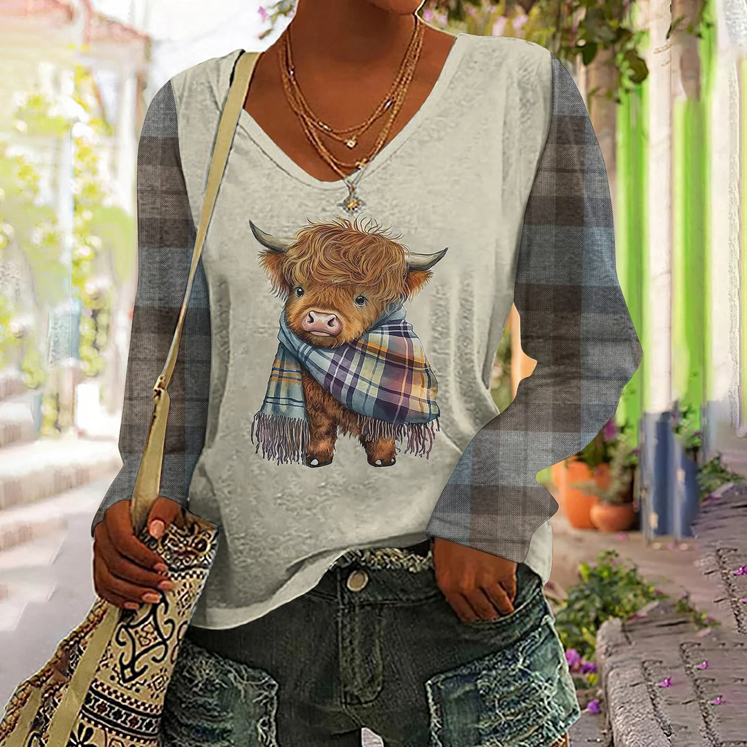 Vintage Scotland Plaid Highland Cow Casual T-Shirt