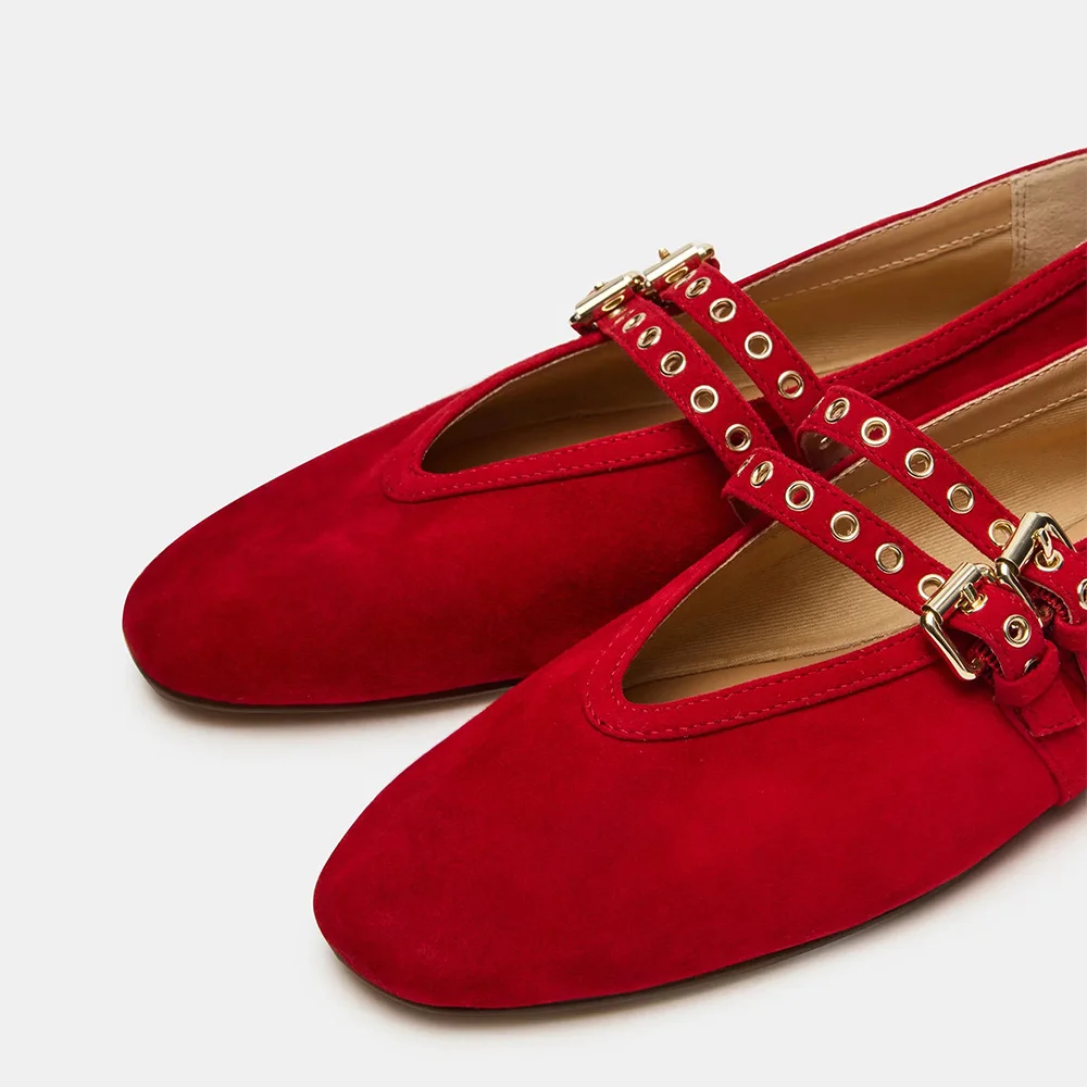 Red Vegan Suede Round Toe Buckle Ballet Mary Jane Flats with Grommet