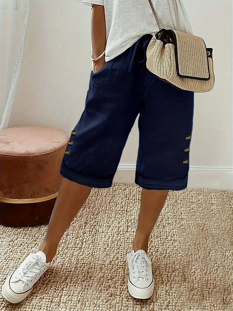 Knee Length Shorts For Summer & Spring, Button Decor Drawstring Casual Slant Pocket Shorts, Women's Clothing