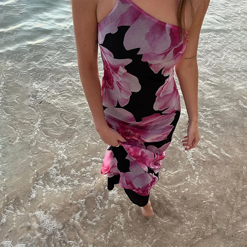 Uveng Uveng Girls 2024 Summer New Fashion Vintage Print Sexy Holiday Style Slim One-Shoulder Halter Dress