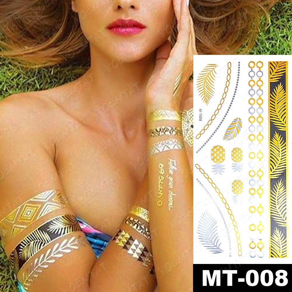 Waterproof Temporary Tattoo Sticker Gold Silver Henna Indian Hand Painted Glitter Tattoos Women Mandala Flower Feather Body Art