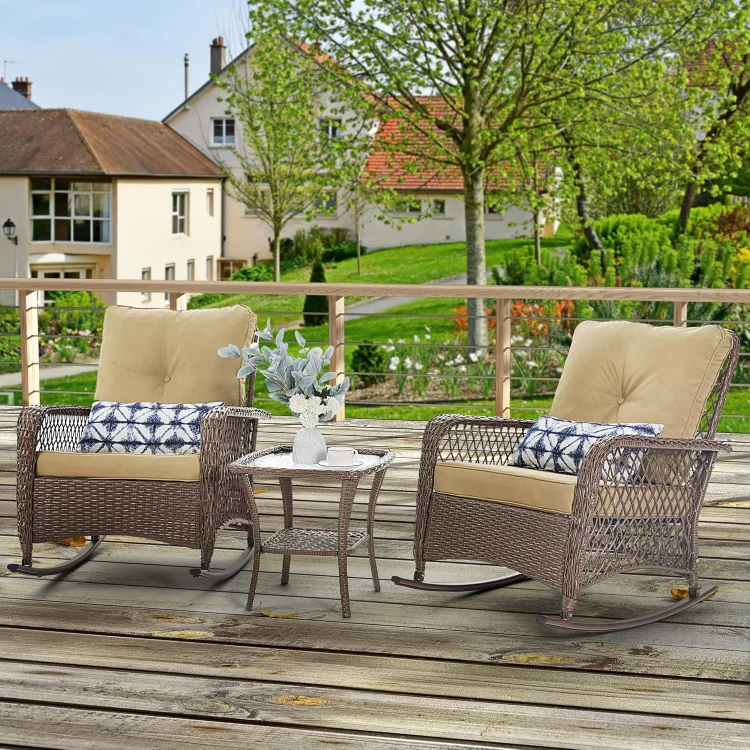 3 Piece Patio Rocking Chair Set, Wicker Outdoor Rocking Bistro Set with 2 Rockers and 1 Side Table with 4‘’ Thick Cushions for Backyard, Porch, Balcony, Poolside