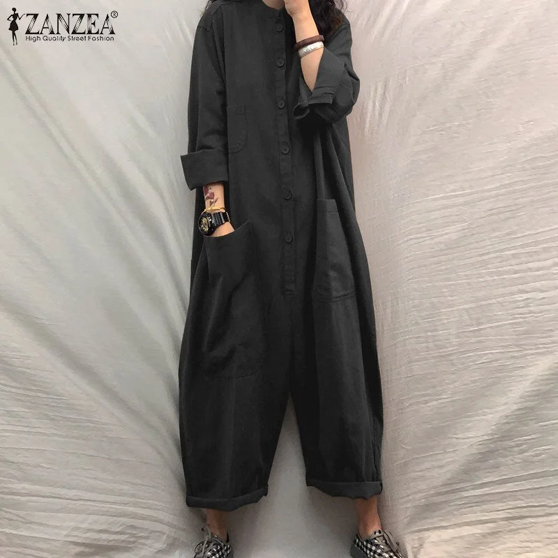 Women Jumpsuit 2022 Female Oversized Romper ZANZEA Autumn Loose Pockets Overalls  Casual Solid Stand Collar Bottom