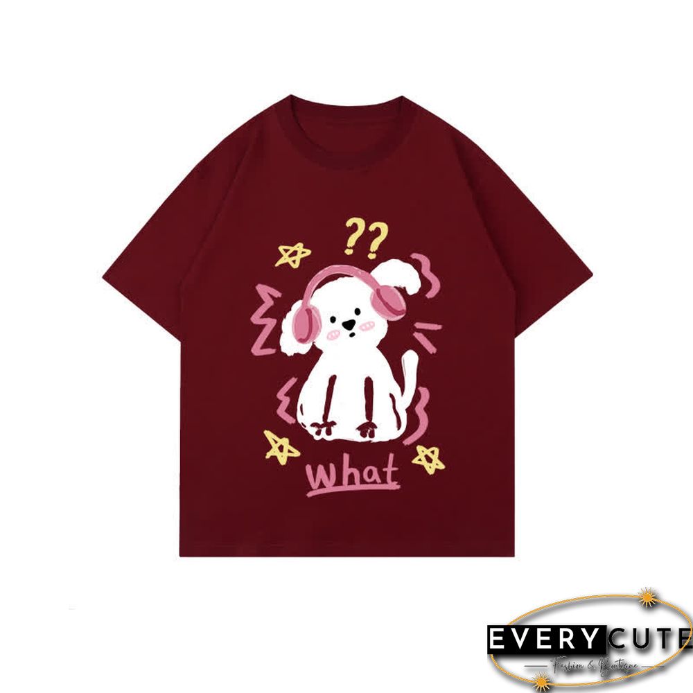 Kawaii Letter Puppy Print Round Collar Oversized T-Shirt