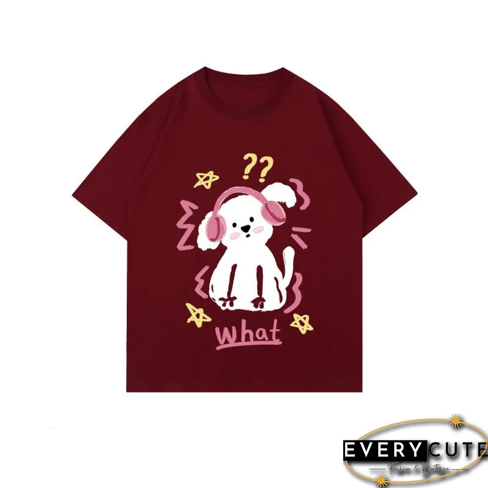 Kawaii Letter Puppy Print Round Collar Oversized T-Shirt
