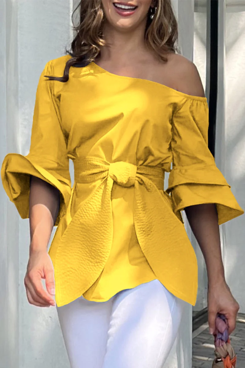 Casual Street Solid Bandage Oblique Collar Tops(4 Colors)