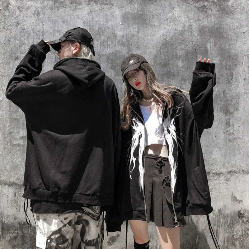 Punk Graphic Print Hoodies Autumn Hooded Zipper Ribbon Women Sweatshirt  Streetwear Goth Black Oversized Couple Jacket Hoodie