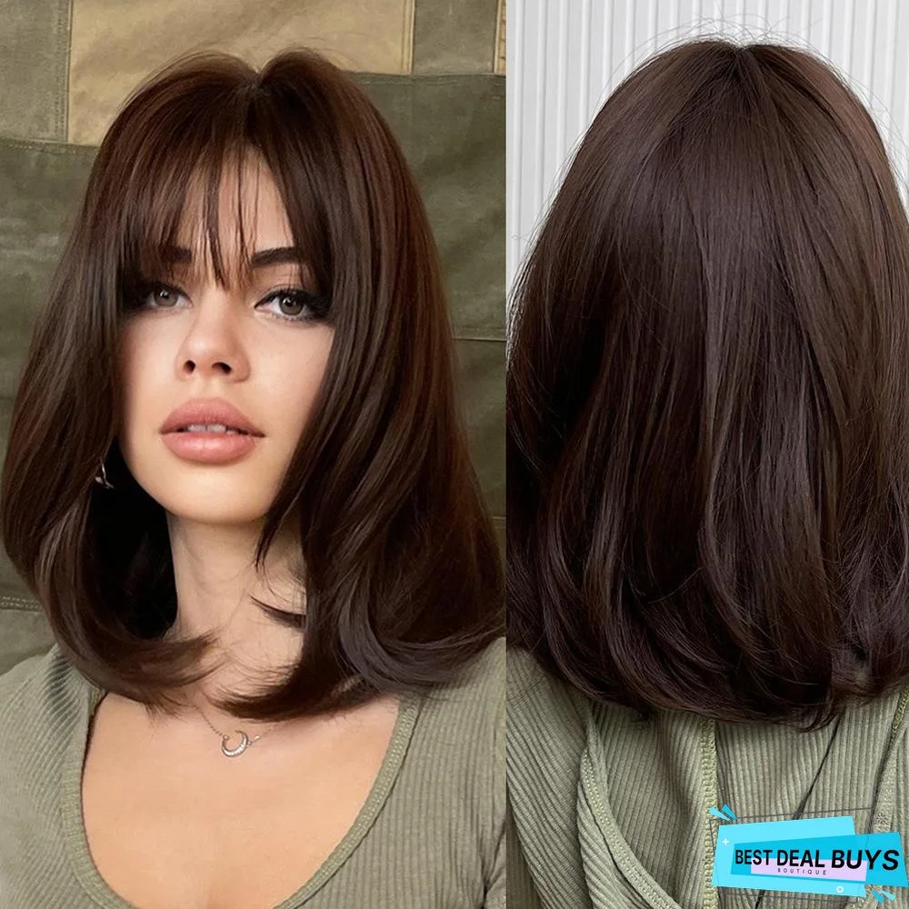 Dark Brown Short Bob Hair Wigs with Bangs Synthetic Wig