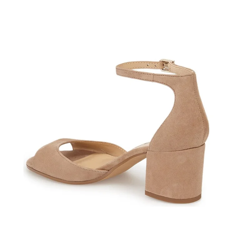 Nude Suede Block Heel Peep Toe Ankle Strap Sandals Vdcoo