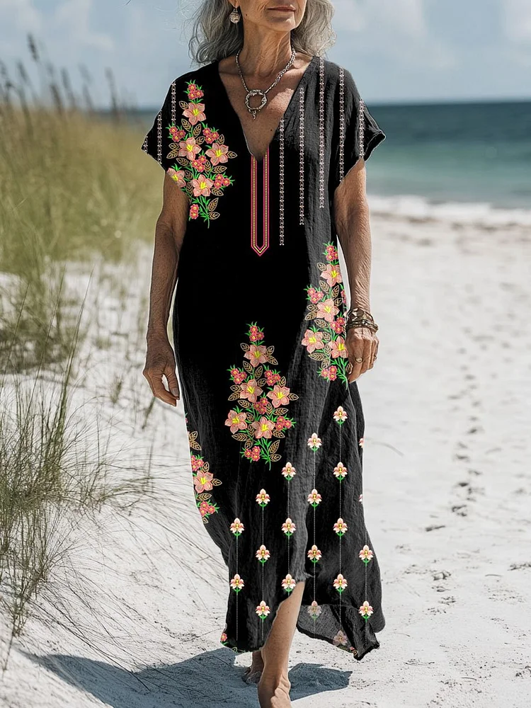 Women's  Floral  Art Print Pocket Cotton Dress