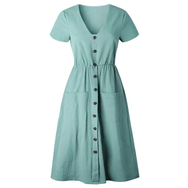 Casual V-neck Pocket Short Sleeve A-line Midi Dresses