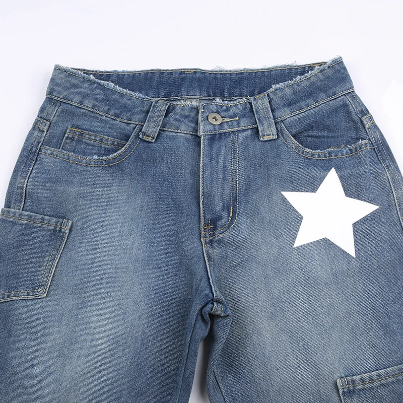 STARS PRINT MULTI POCKETS RAW EDGE JEANS