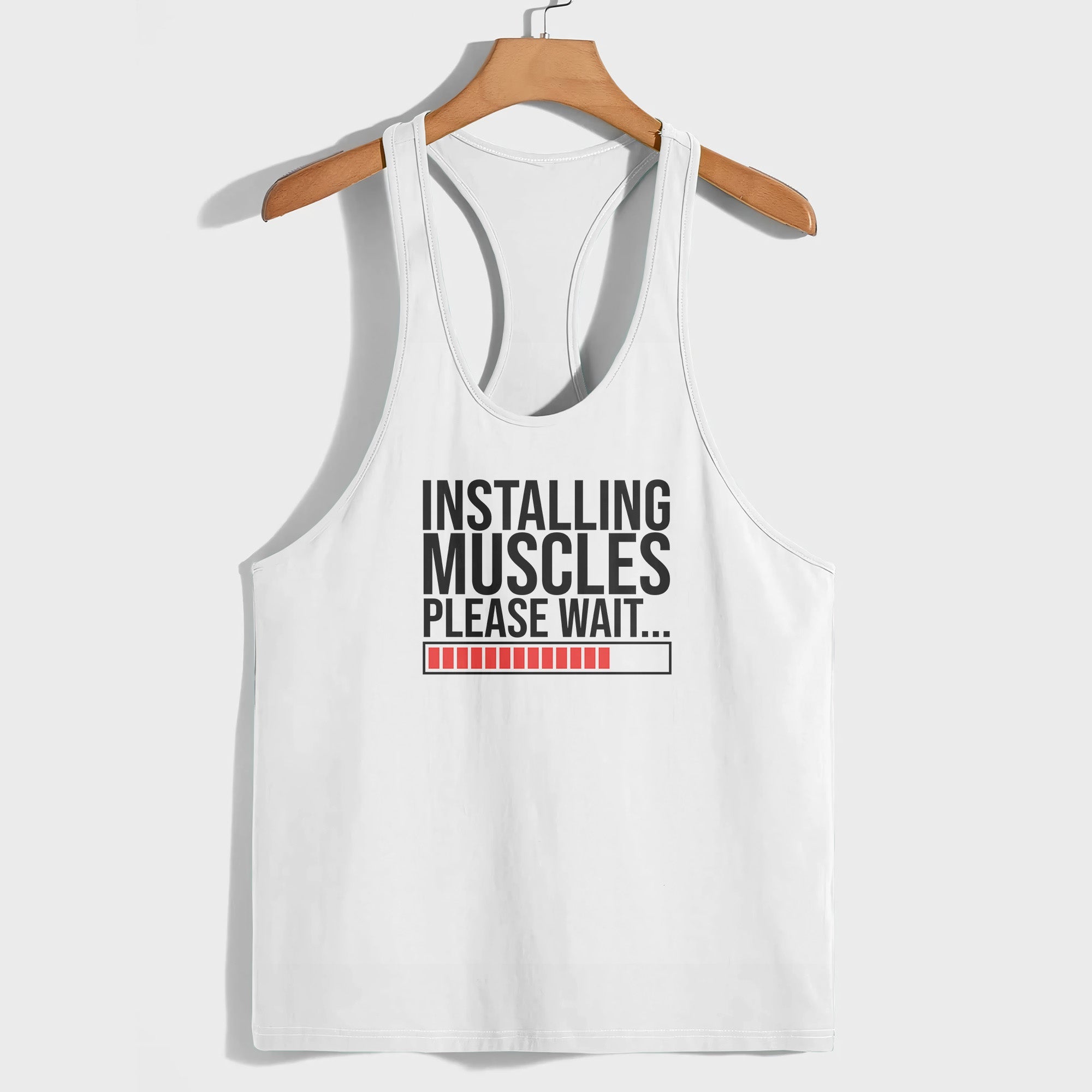 INSTALLING MUSCLES PLEASE WAIT PRINT ON RACERBACK TANK