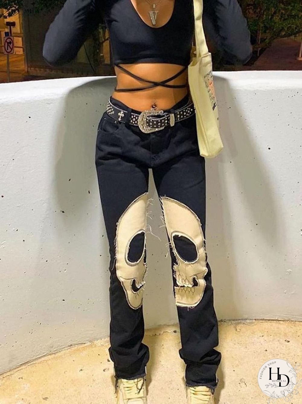 Back To School Outfit  Skeleton Patterned Low Waist Jeans Women Harajuku Streetwear Retro Fairycore Grunge Pants Cyber Y2K Black Denim Trousers