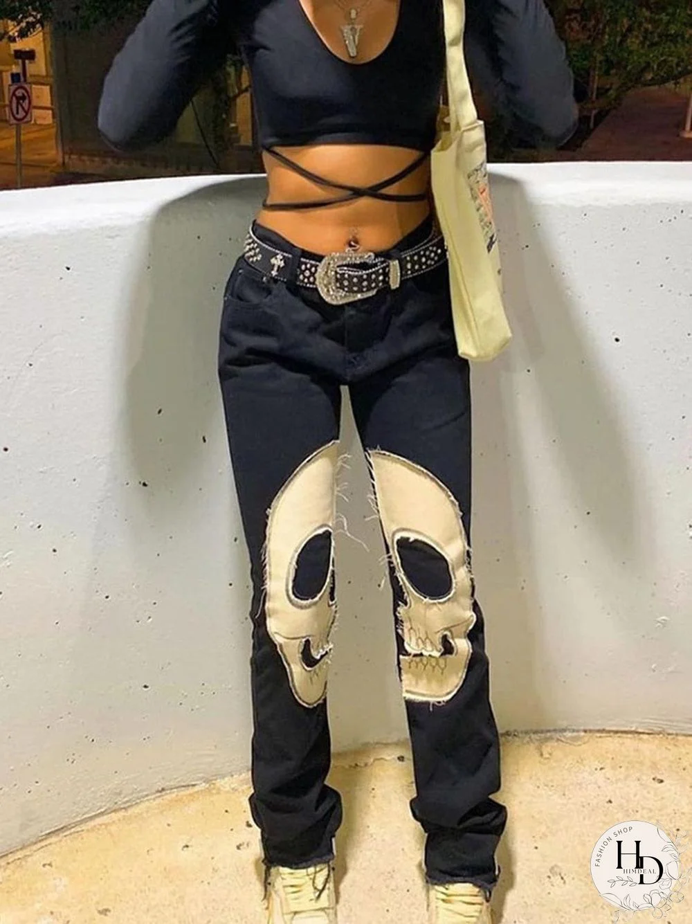 Back To School Outfit  Skeleton Patterned Low Waist Jeans Women Harajuku Streetwear Retro Fairycore Grunge Pants Cyber Y2K Black Denim Trousers