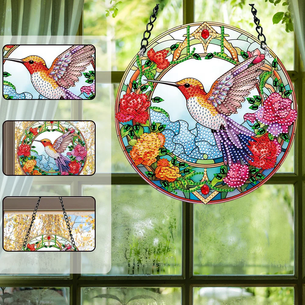 DIY Hummingbird Single-Side Acrylic Diamond Painting Art Pendant for Kid DIY Craft