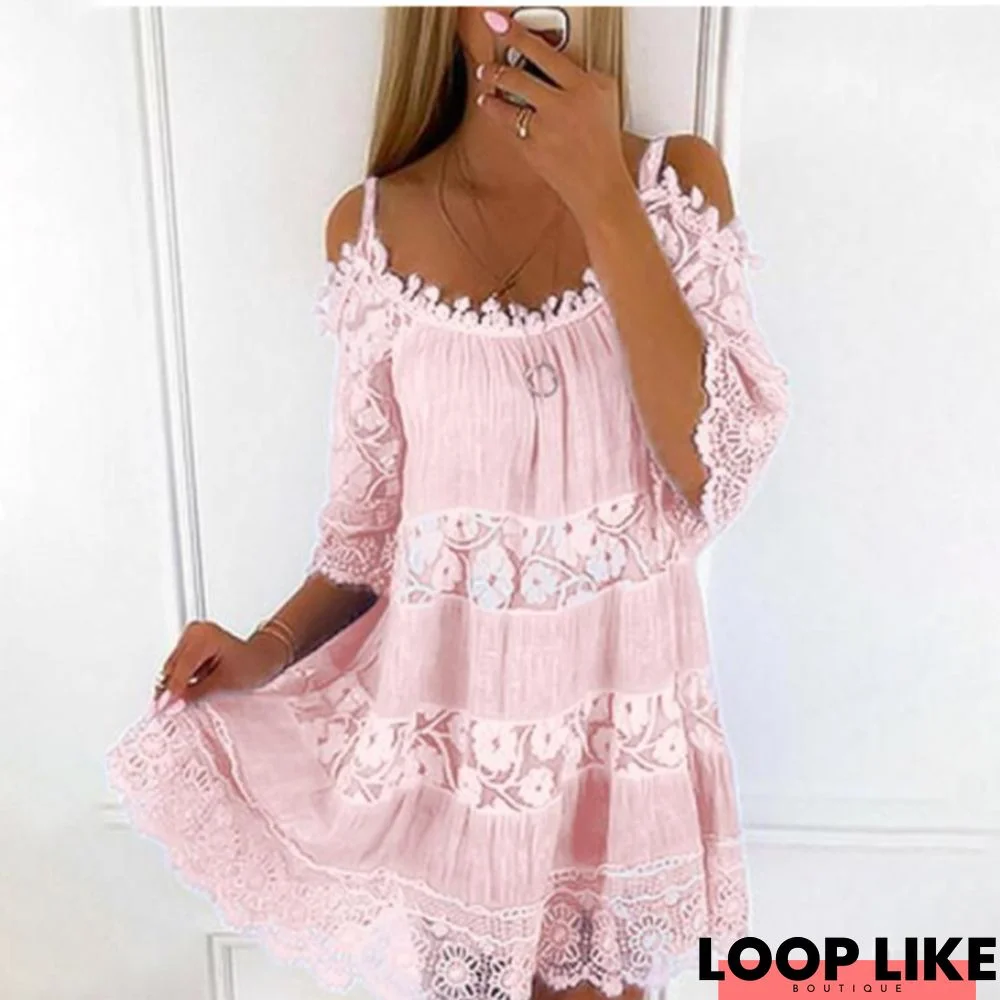 Lace Patchwork Suspender Flower Girdle Casual Solid Loose Dress White Dresses