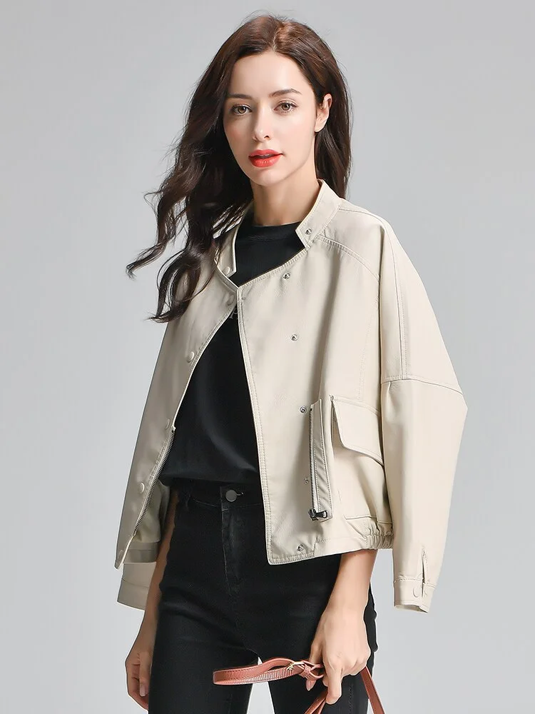 FTLZZ Harajuku Faux Leather Jacket Women Batwing Sleeve Pocket Black Biker Coat Female Spring Autumn Pink Basic Outwear