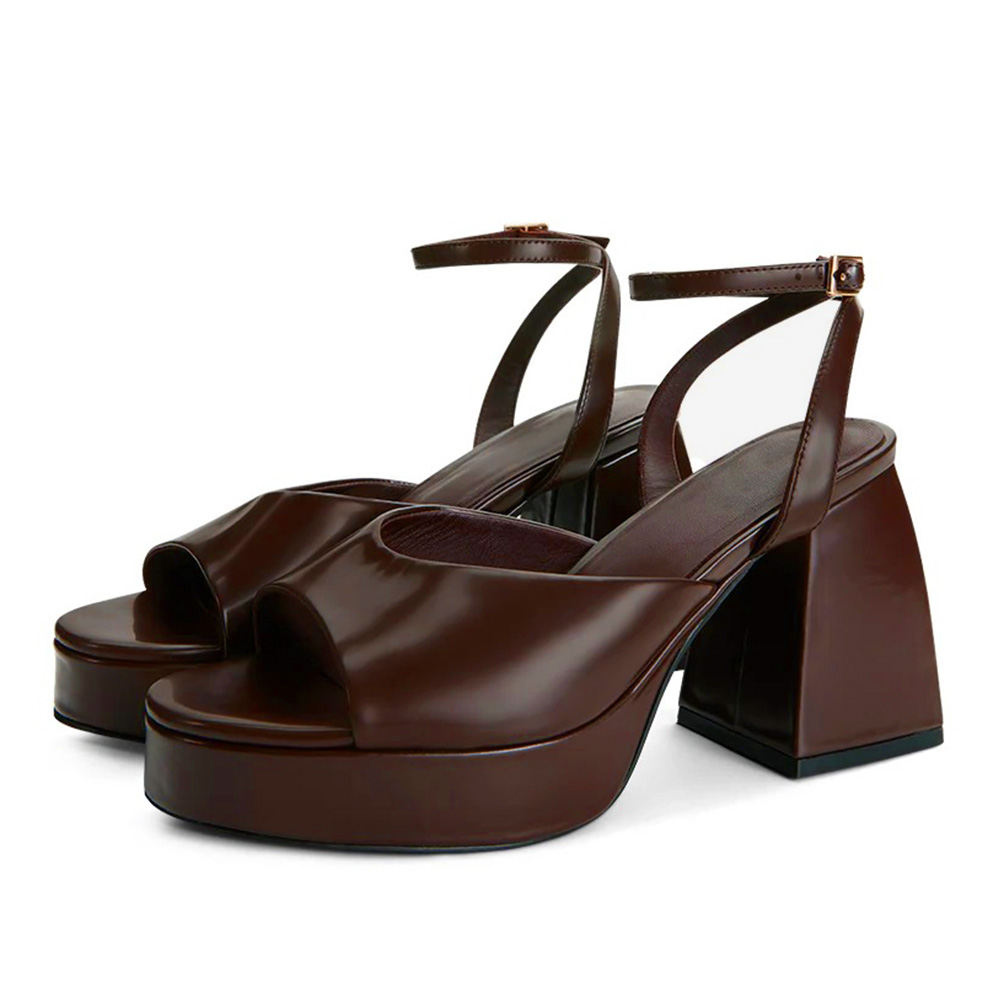 Dark Brown Open Round Toe Ankle Strap Platform Block Heel Sandals Nicepairs