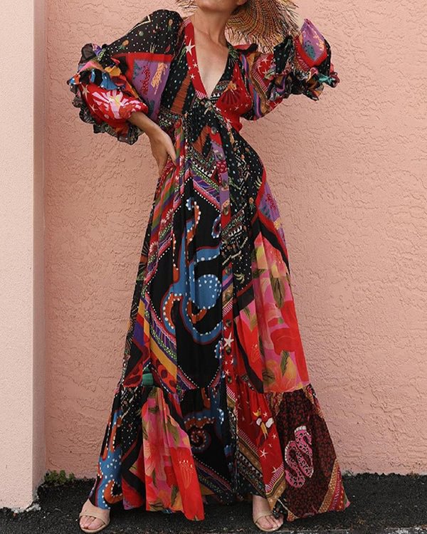 V-Neck Long Sleeve Printed Boho Dress