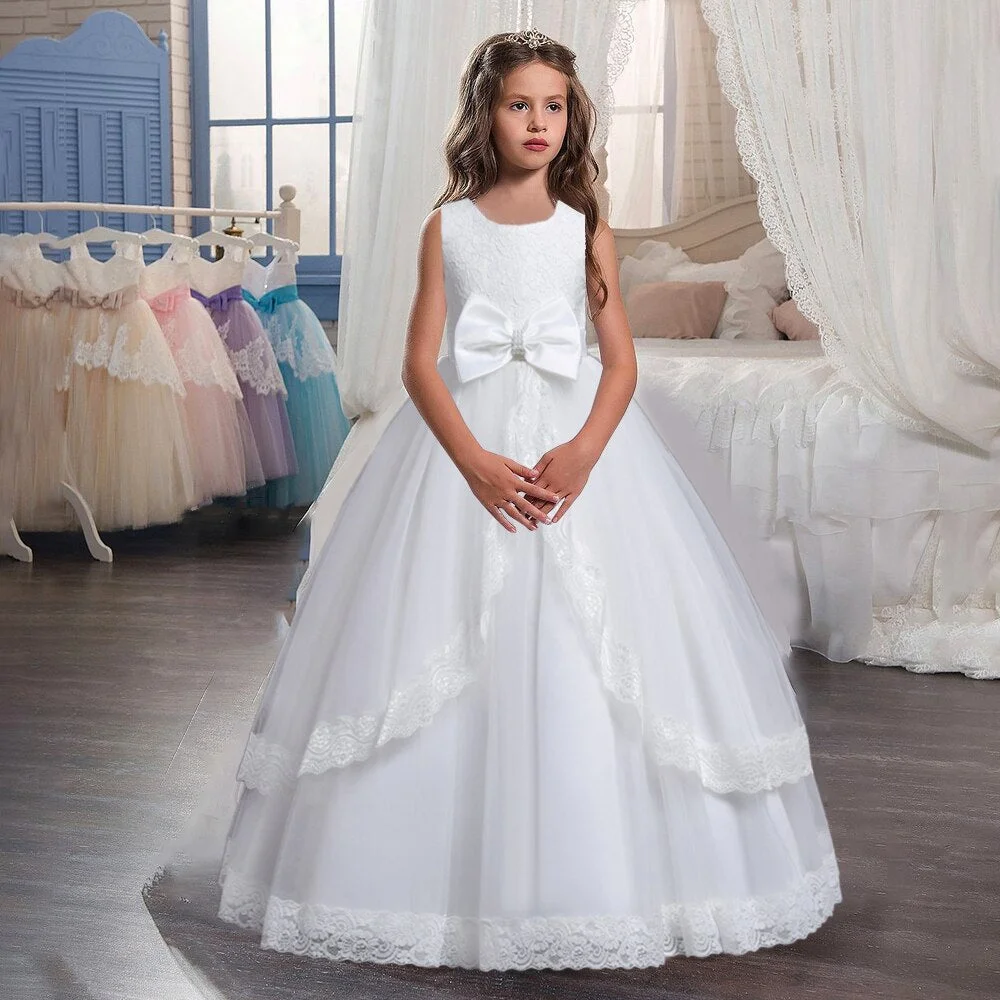 White Lace Bridesmaid Dress Kids Dresses For Girls Children Princess Evening Children's Dress Girl Party Wedding Dress Costume