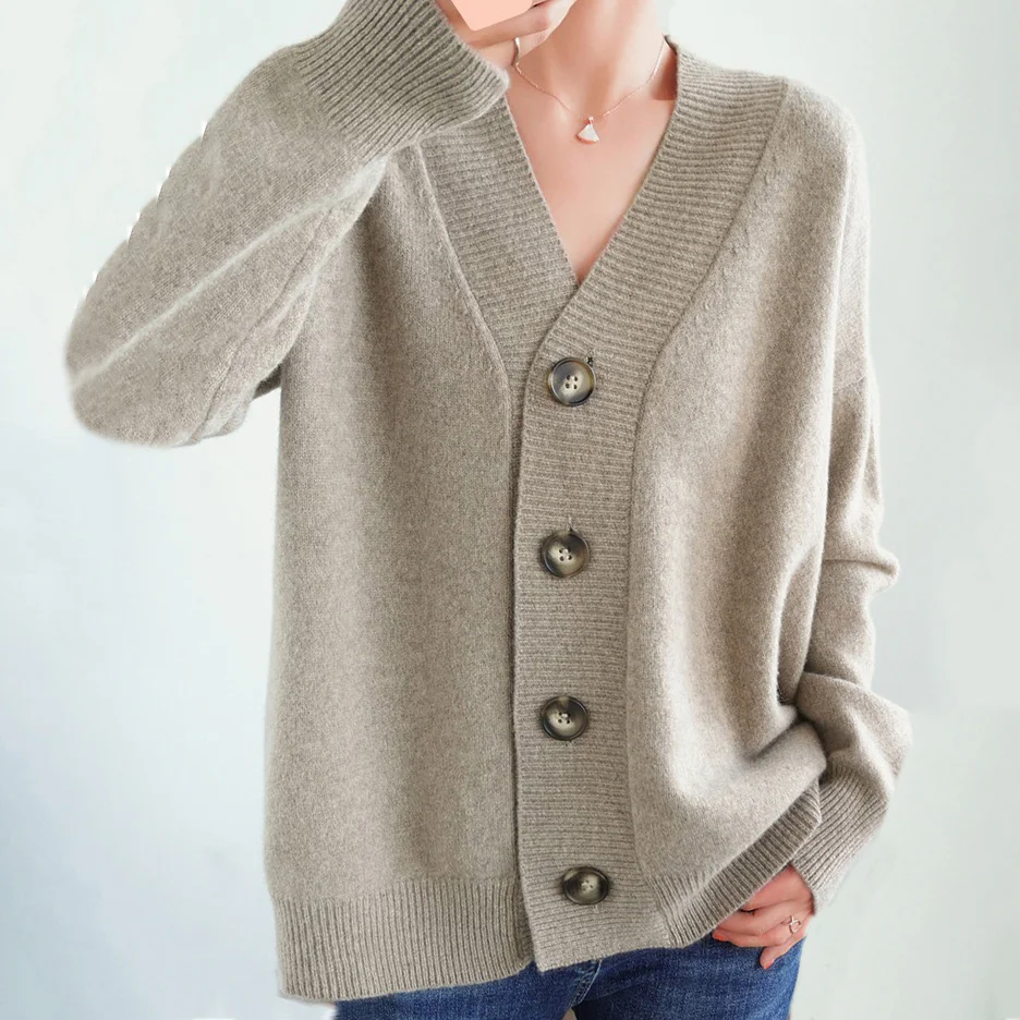 Vintage Loose Solid Color V Neck Buttoned Sweater Cardigan