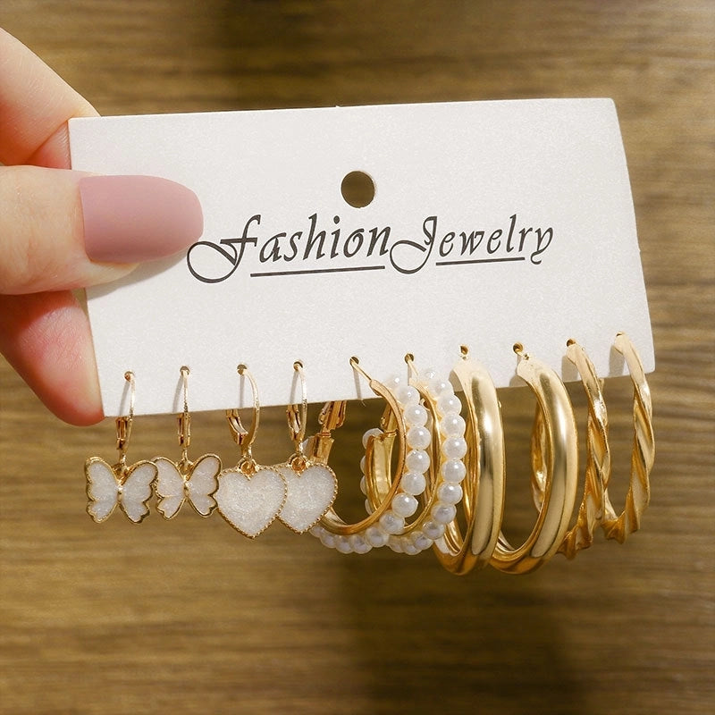 Hot Sale Retro Gold Geometric Ladies Earrings Set Fashion Pearl Earrings Earrings Diamond