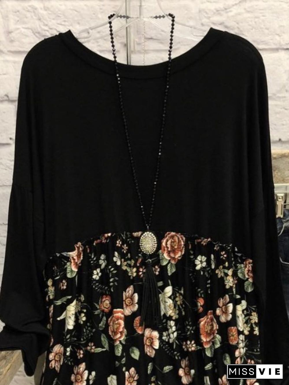 Long Sleeve Cotton-Blend Floral-Print Casual T-shirt
