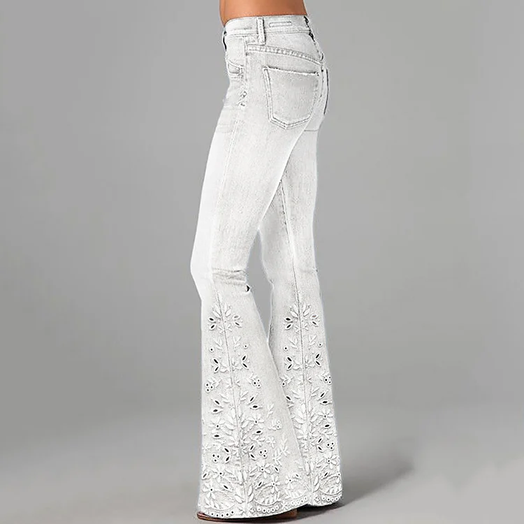 Boho Floral Hollow Embroidered Washed Flare Jeans