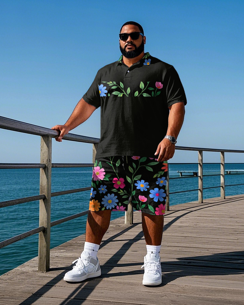 Men's Retro Fashion Stripe Colorful Flower Printed Big & Tall Short Sleeve Polo Shirt Shorts Set