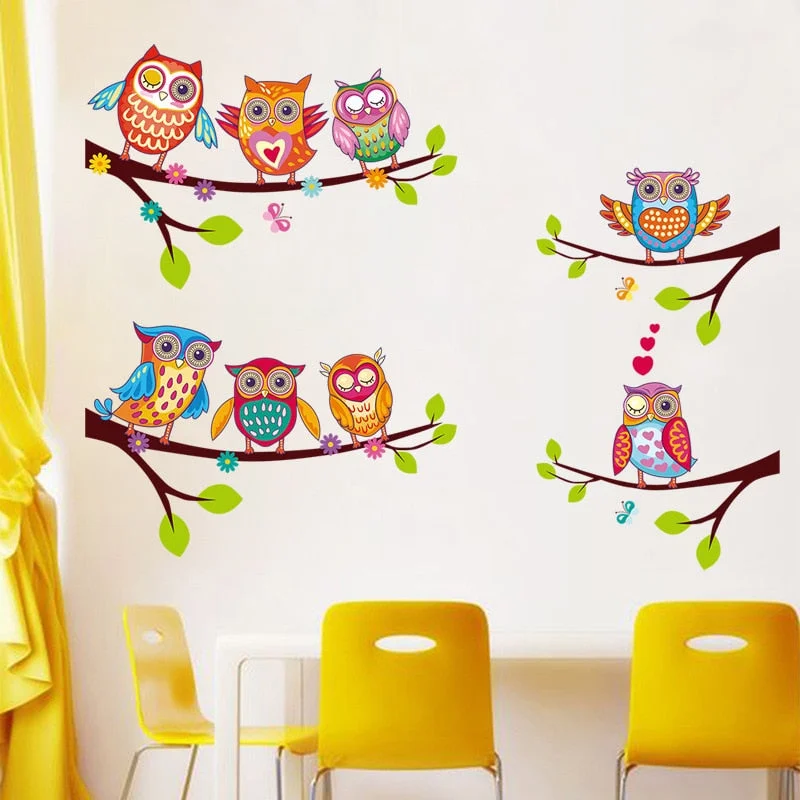 Colorful Owls Cartoon Wall Stickers Owls on The Tree Children Room Home Decor Wall Decals Wall Stickers for Kids Rooms Removable