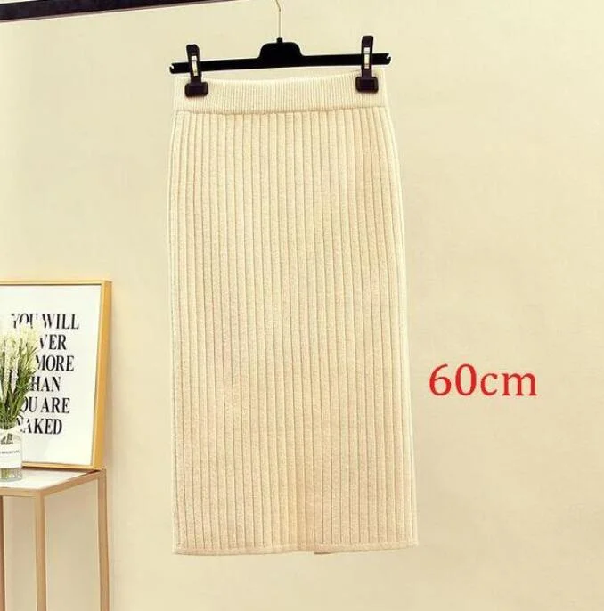 2020 Women's Spring Pencil Knitted Skirt High Waist Warm Elegant Knitting Ribbed Party Skirt Black Solid Ladies Office Skirts