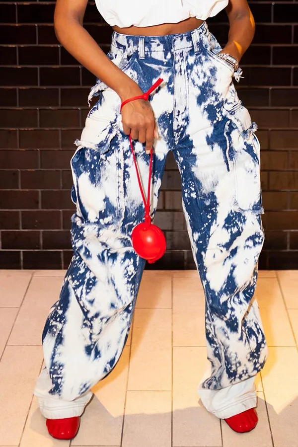 Stylish Tie Dye Flap Pocket Loose Denim Pants