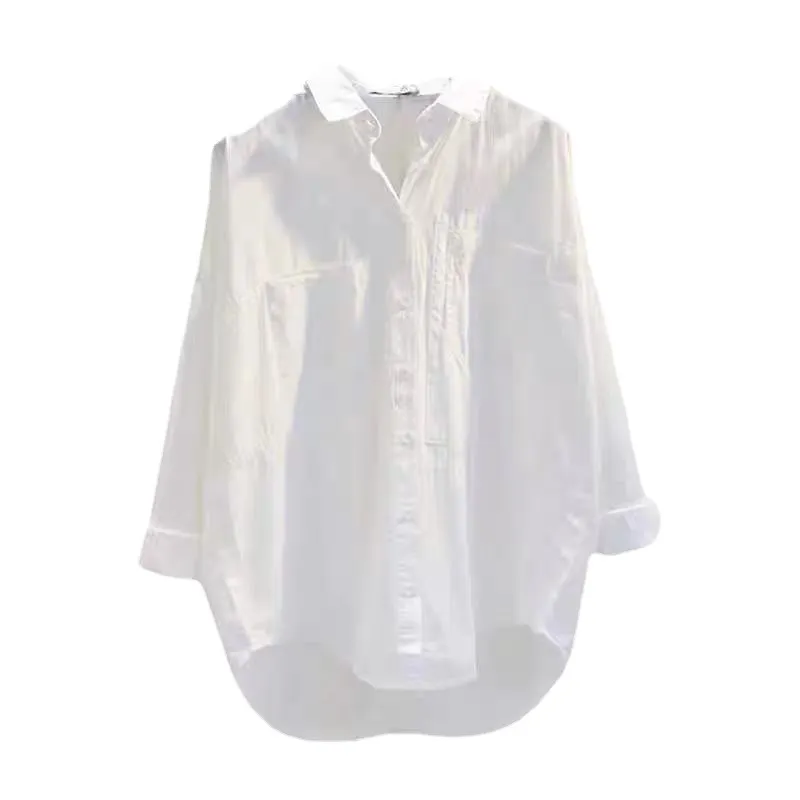 Uveng Uveng Cotton Single-Dnecked Collar Long Shirt In Pure Color White Loose Long-Sleeved Shirt For Women