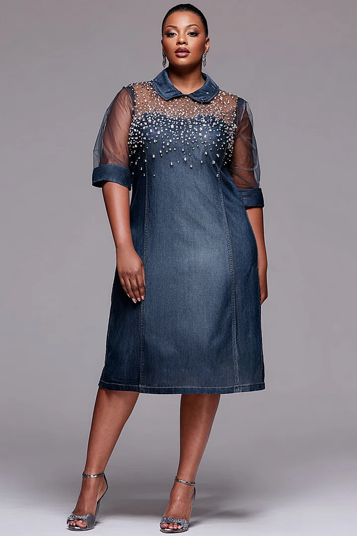 Xpluswear Design Plus Size Party Tulle Blue Shirt Collar Short Sleeve Drilling See Through Tencel Denim Midi Dresses 2024 - Xpluswear