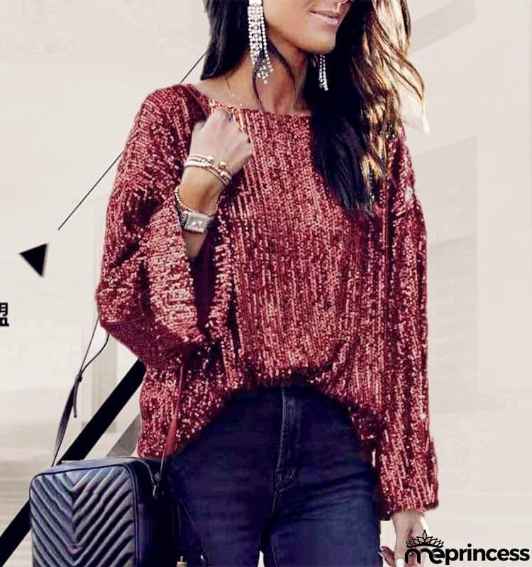 Sequins crew neck long sleeve baggy shirt