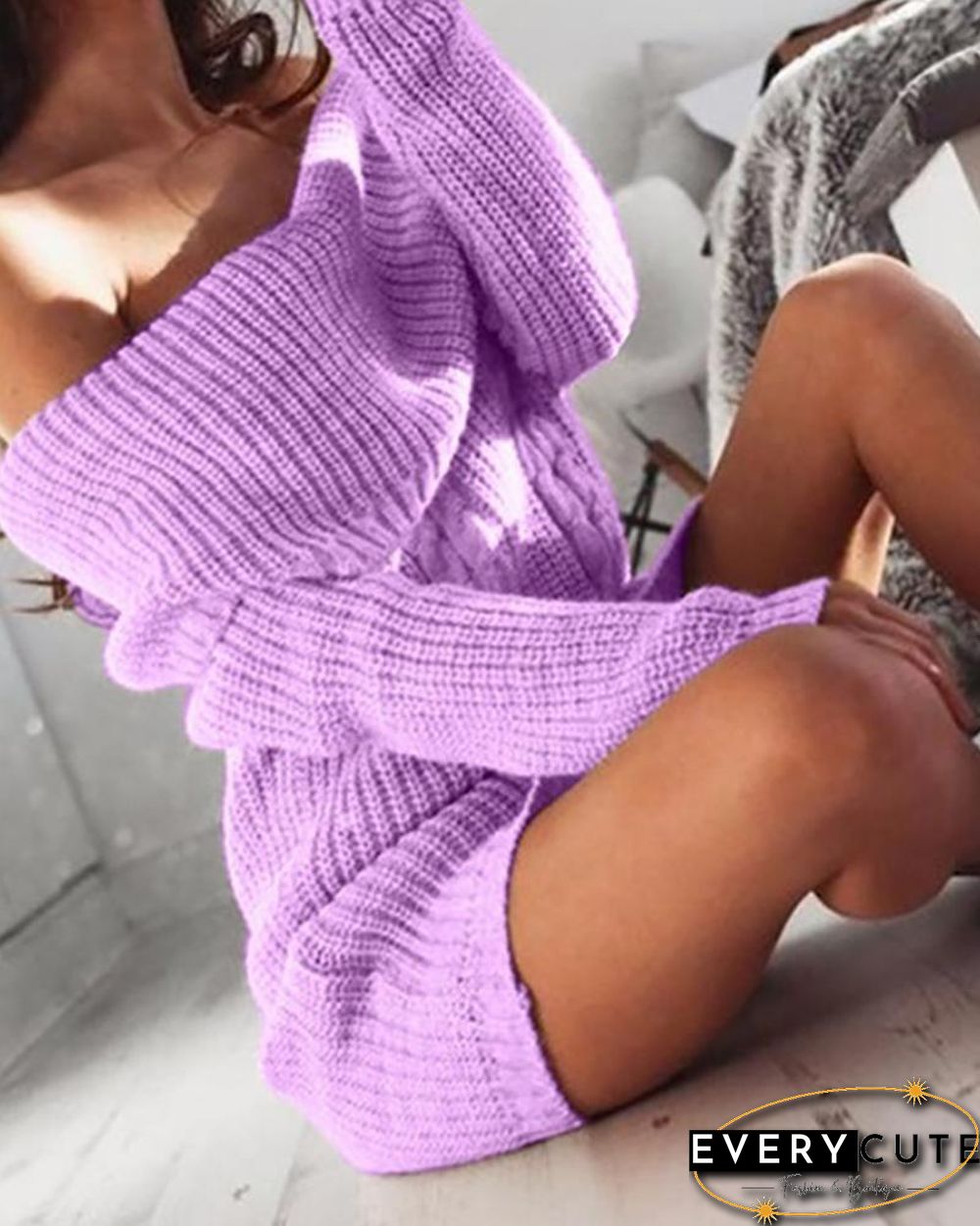 Off Shoulder Knit Long Sleeve Sweater Dress P13615