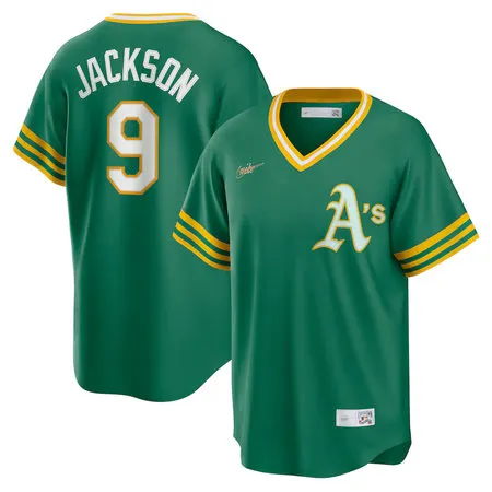 Men's Oakland Athletics #9 Reggie Jackson Nike Green Kelly Road Cooperstown Collection Player Jersey