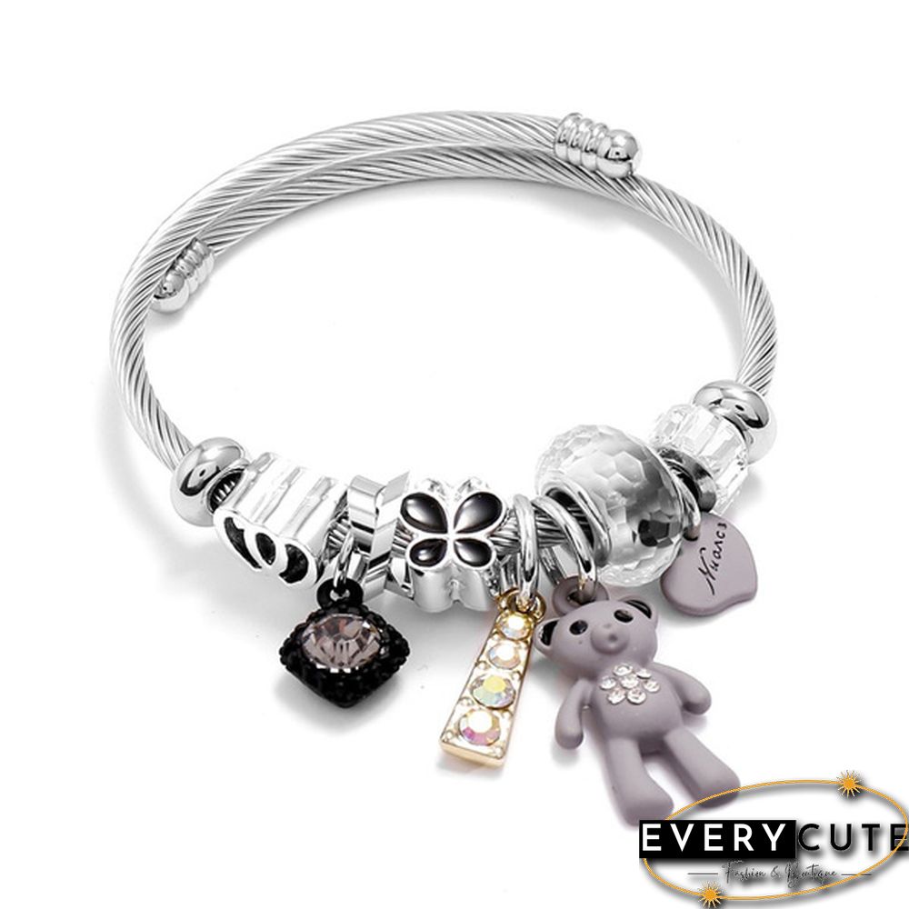 Fashion Bracelets & Bangles Stainless Steel DIY Jewelry Big Pink Bear Pendant Hearts Love Women's Bracelet Cuff Charms Pulseras