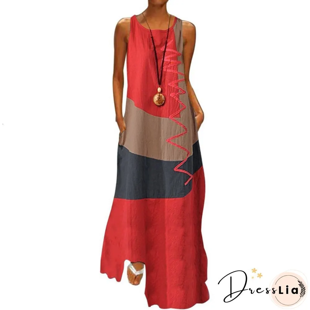 Vintage Color Stitching Maxi Dress Women's Summer Sundress Casual Sleeveless Tank Female O Neck RobeCIU8