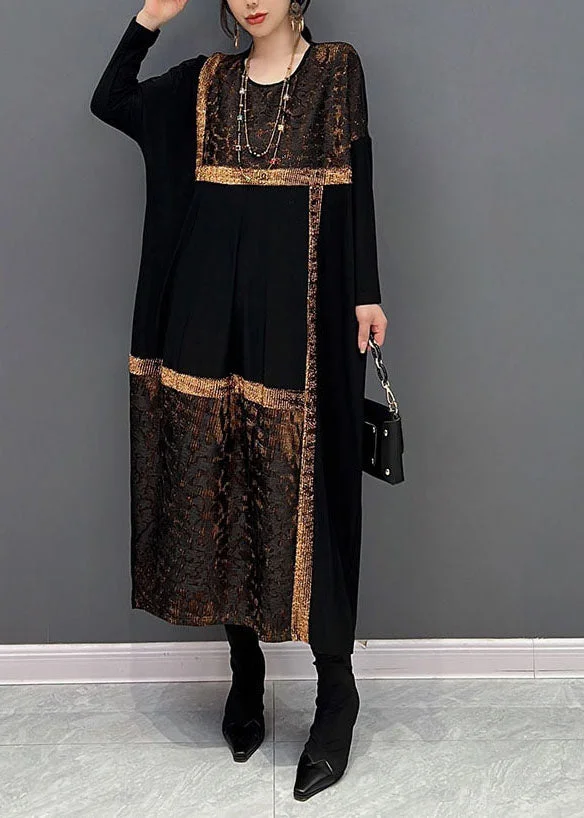Art Black O-Neck Loose Knit Fall Ankle Dress Long sleeve