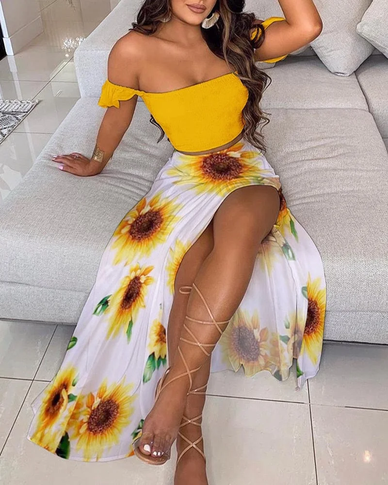 CM.YAYA Women Boho Elegant High Side Split Maxi Long Skirts Suit with Strapless Crop Tops Matching Two 2 Piece Set Outfits 2022