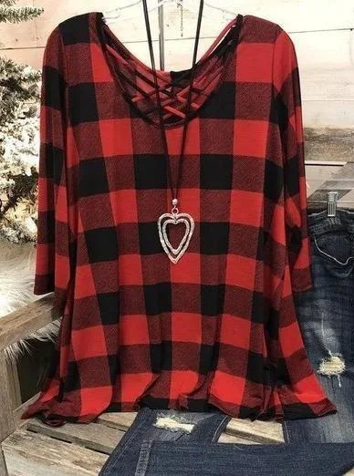 Long Sleeve Checked Grid Cross Tee