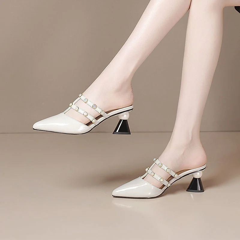 Patent Leather Pointed Rhinestone String Bead Women Slippers Fashion Breathable Comfort High Heels Baotou Wearable Sandals