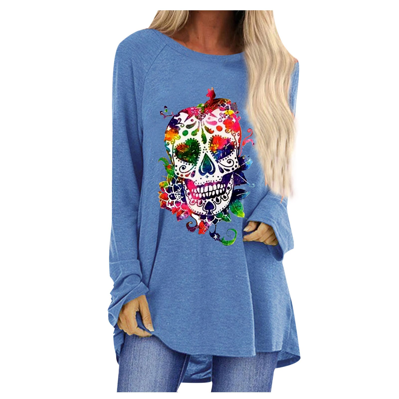 Halloween Skull Print Women's T-shirts Loose O-neck Long Sleeve Blouses And Shirts Plus Size Women Clothing