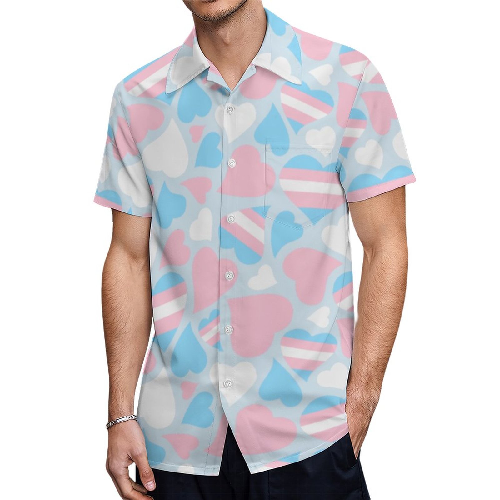 Transgender Pride Hearts Pattern Hawaiian Shirt Mens Button Down Plus Size Tropical Hawaii Beach Shirts