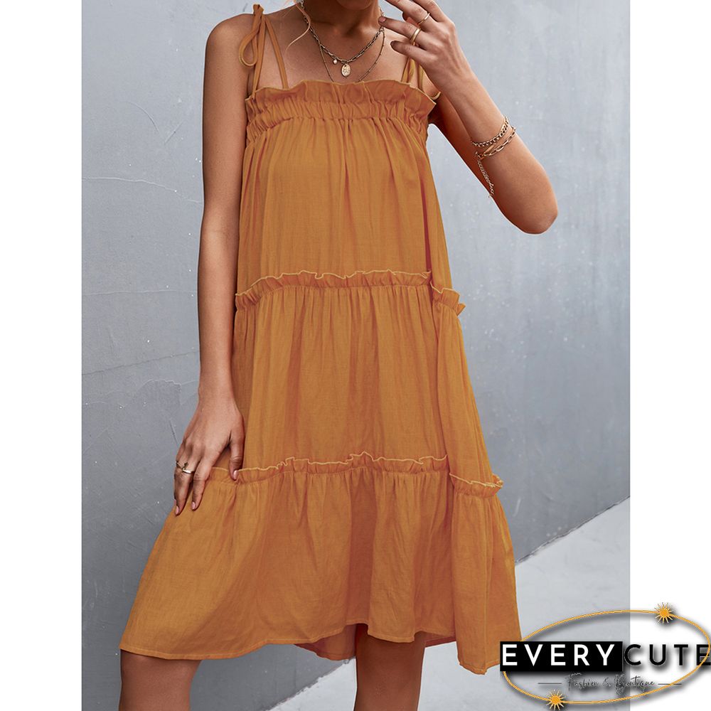 Khaki Lace-up Layered Swing Casual Dress