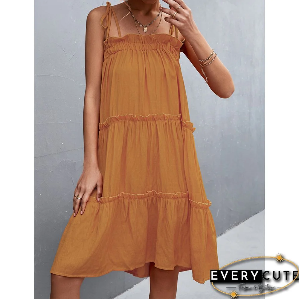 Khaki Lace-up Layered Swing Casual Dress