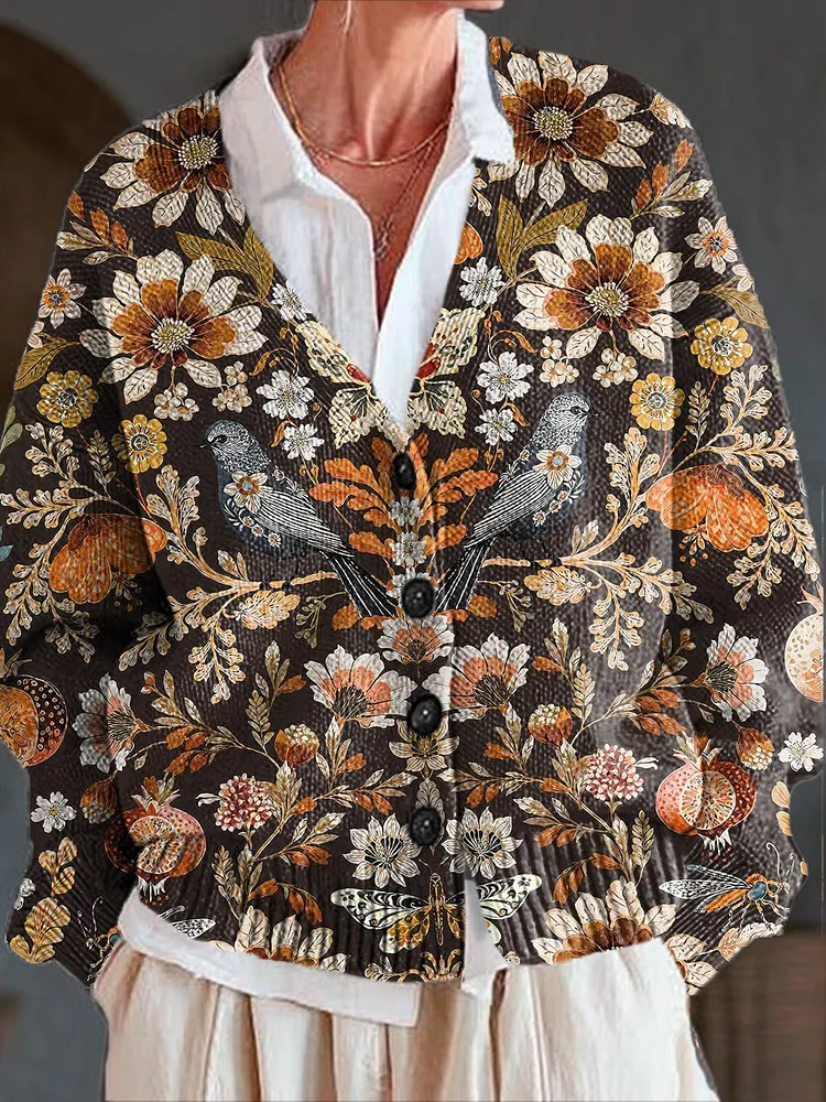Vintage Ethnic Floral And Bird Art Print Buttoned V-neck Cardigan Sweater